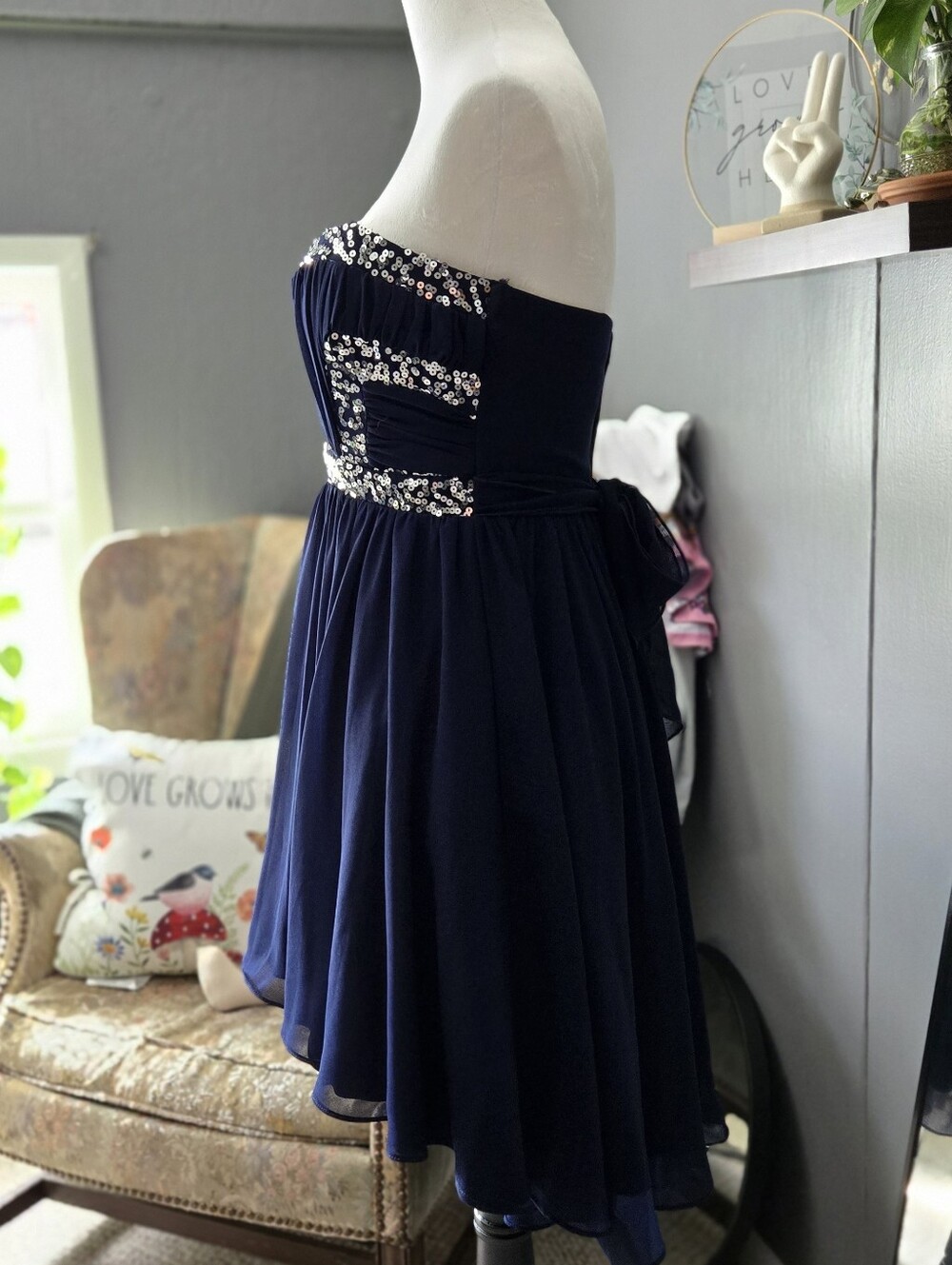 City Studio Navy Blue Strapless Fit And Flare Dress With Sequin Accents - Picture 4 of 9